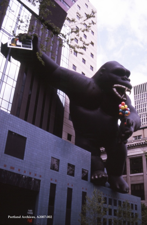 City of Portland Archives, Oregon, King Kong visits the Portland Building for an Oregon Lottery event, A2007-02, 1985.